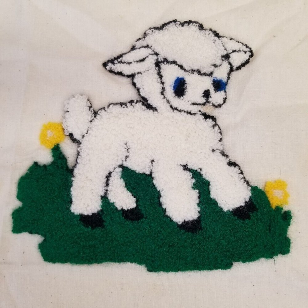 Vintage Hand Embroidered Quilt Square Handmade Spring Lamb Unfinished Animal - Picture 3 of 8